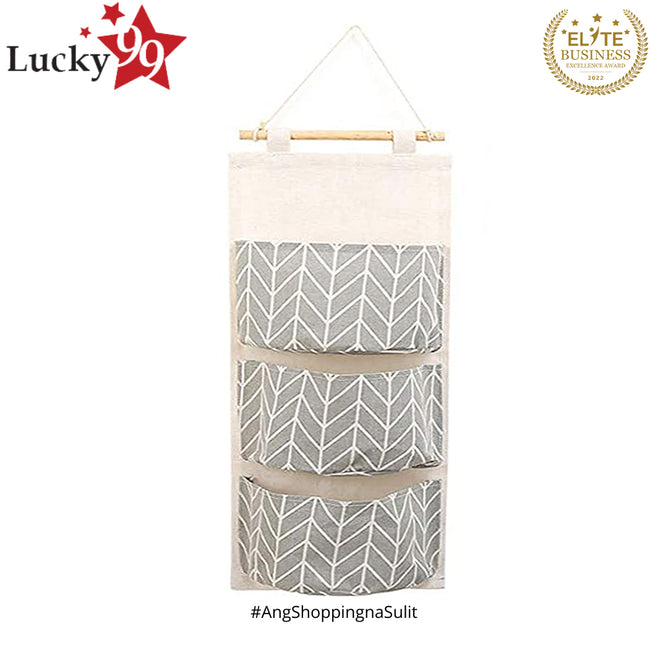 Wall Hanging Storage Bag Organizer with 3 Pocket Premium Linen Fabric Waterproof Door Organizer
