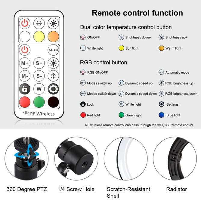 PULUZ PKT3082B 10 inch 26cm Marquee LED RGBWW Light + Desktop Tripod Mount 168 LED Dual-color Temperature Dimmable Ring Vlogging Photography Video Lights with Cold Shoe Tripod Ball Head & Remote Control & Phone Clamp