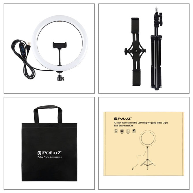 PULUZ PKT3064B 12 inch 30cm Light + 1.1m Tripod Mount + Dual Phone Brackets Curved Surface USB 3 Modes Dimmable Dual Color Temperature LED Ring Vlogging Video Light Live Broadcast Kits with Phone Clamp