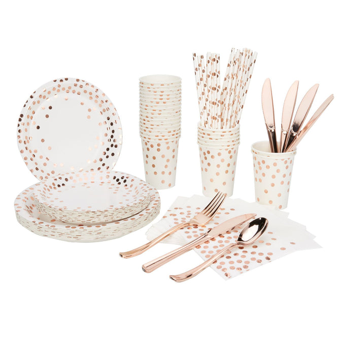 Rose Gold Polca Dots Disposable Party Paper Plate Set Paper Cup Paper Towel Tablecloth For Party Occasion