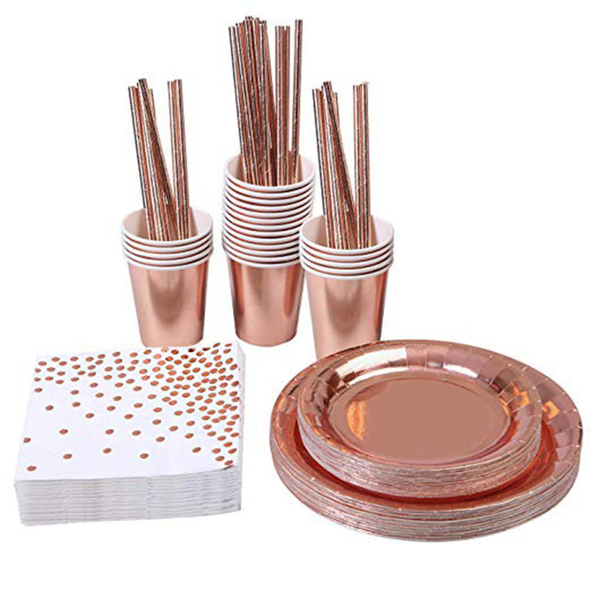 Rose Gold Polca Dots Disposable Party Paper Plate Set Paper Cup Paper Towel Tablecloth For Party Occasion