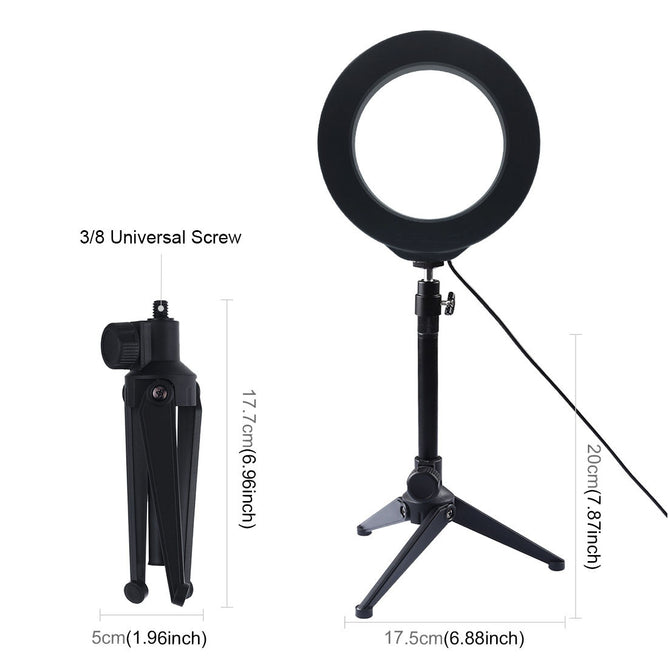 PULUZ PKT3032 6.2 inch 16cm USB 3 Modes Dimmable LED Ring Vlogging Photography Video Lights + Desktop Tripod Holder with Cold Shoe Tripod Ball Head