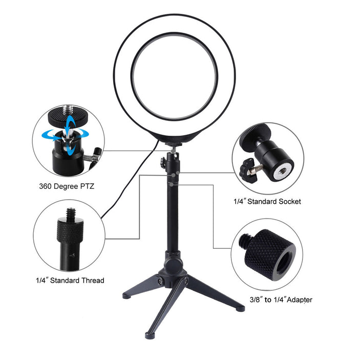 PULUZ PKT3032 6.2 inch 16cm USB 3 Modes Dimmable LED Ring Vlogging Photography Video Lights + Desktop Tripod Holder with Cold Shoe Tripod Ball Head