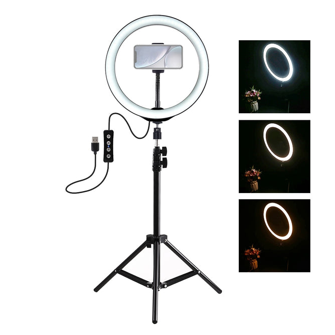 PULUZ PKT3035 1.1m Tripod Mount + 10 inch 26cm LED Ring Vlogging Video Light Live Broadcast Kits
