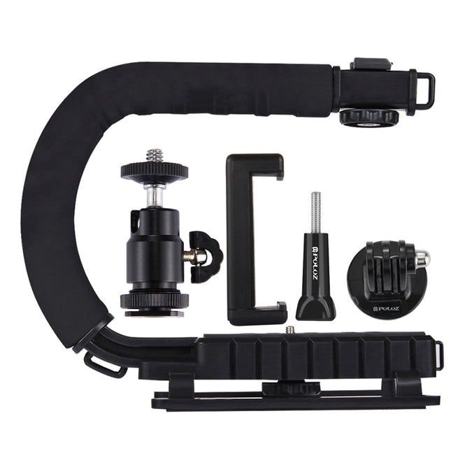 PULUZ PU3006 U/C Shape Portable Handheld DV Bracket Stabilizer Kit with Cold Shoe Tripod Head, Phone Clamp, Quick Release Buckle & Long Screw for All SLR Cameras and Home DV Camera
