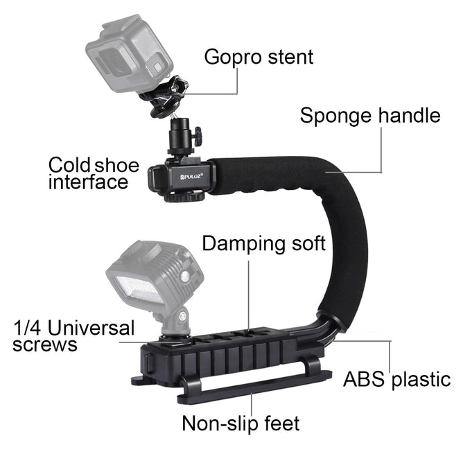 PULUZ PU3006 U/C Shape Portable Handheld DV Bracket Stabilizer Kit with Cold Shoe Tripod Head, Phone Clamp, Quick Release Buckle & Long Screw for All SLR Cameras and Home DV Camera