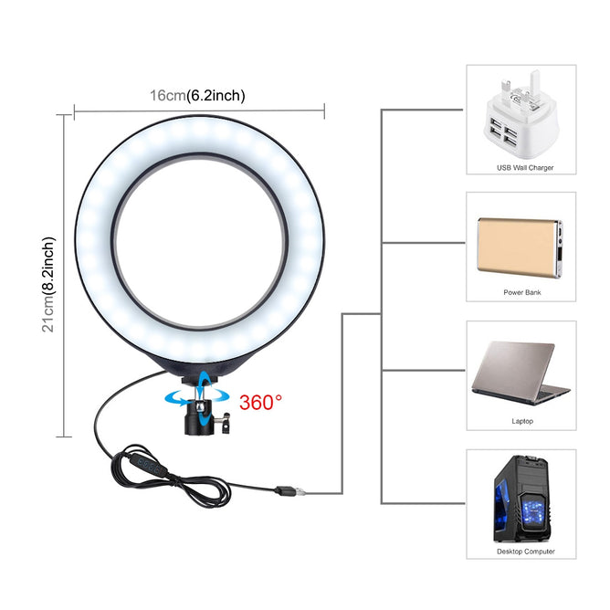 PULUZ PU378 6.2 inch 3 Modes USB Dimmable LED Ring for Vlogging, Photography & Video Lights