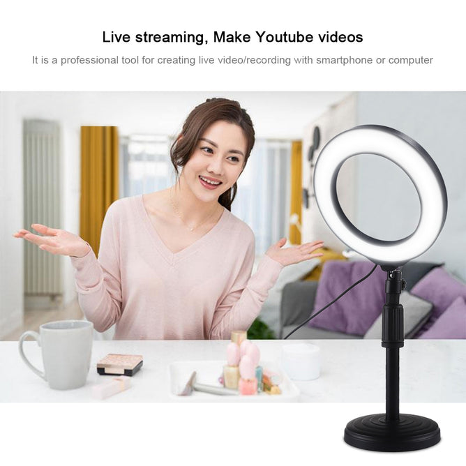 PULUZ PU392 Round Base Desktop Mount + 6.2 inch 3 Modes USB Dimmable LED Ring Vlogging Video Light