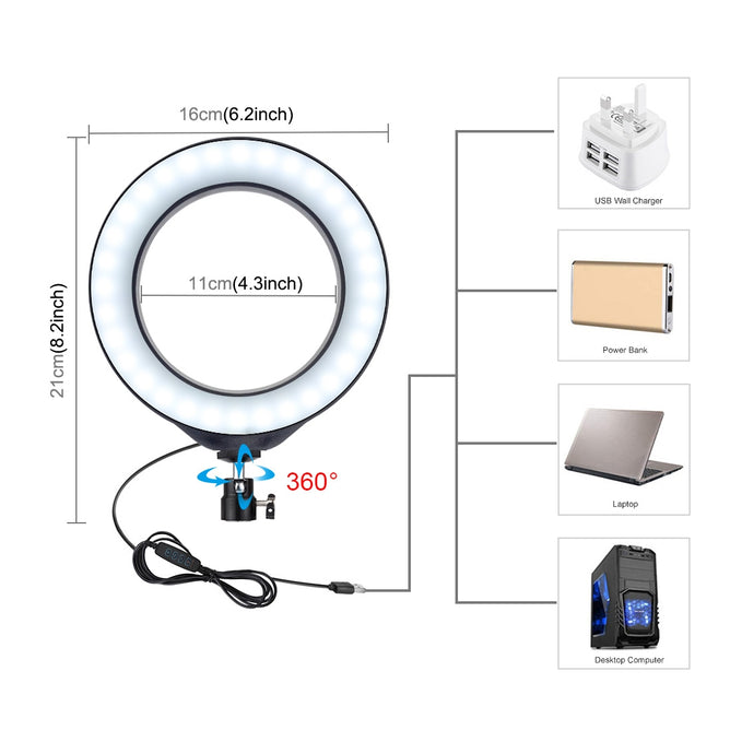 PULUZ PU392 Round Base Desktop Mount + 6.2 inch 3 Modes USB Dimmable LED Ring Vlogging Video Light