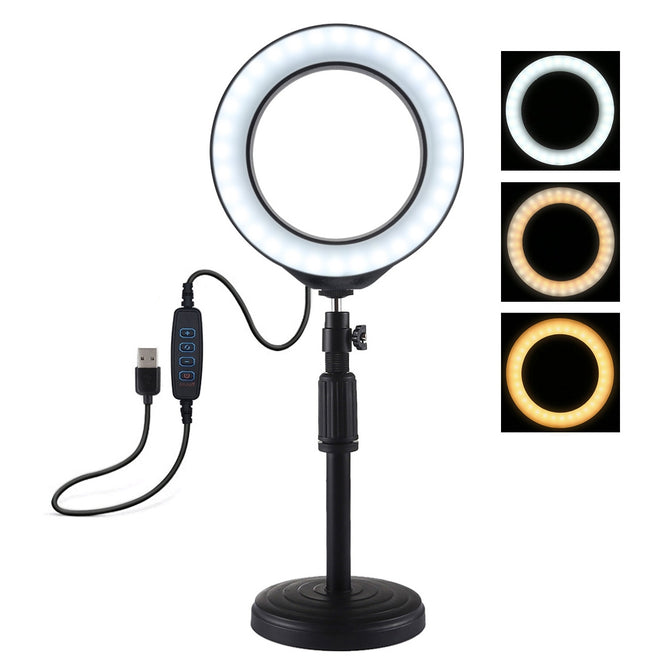 PULUZ PU392 Round Base Desktop Mount + 6.2 inch 3 Modes USB Dimmable LED Ring Vlogging Video Light