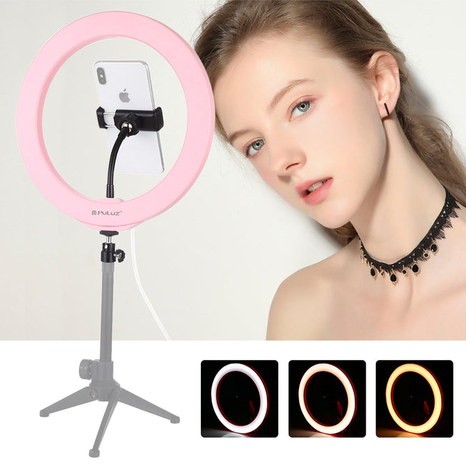 PULUZ PU397 10-inch 26cm USB 3 Modes Dimmable LED Ring Vlogging Selfie Photography Video Lights with Cold Shoe Tripod Ball Head & Phone Clamp