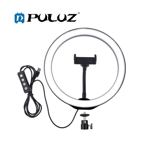 PULUZ PU397 10-inch 26cm USB 3 Modes Dimmable LED Ring Vlogging Selfie Photography Video Lights with Cold Shoe Tripod Ball Head & Phone Clamp