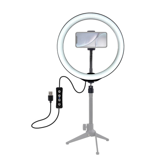 PULUZ PU397 10-inch 26cm USB 3 Modes Dimmable LED Ring Vlogging Selfie Photography Video Lights with Cold Shoe Tripod Ball Head & Phone Clamp