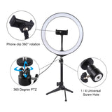 PULUZ PU397 10-inch 26cm USB 3 Modes Dimmable LED Ring Vlogging Selfie Photography Video Lights with Cold Shoe Tripod Ball Head & Phone Clamp