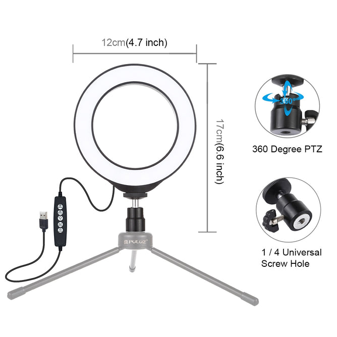 PULUZ PU431B 4.7 inch 12cm USB 10 Modes 8 Colors RGBW Dimmable LED Ring Vlogging Photography Video Lights with Cold Shoe Tripod Ball Head