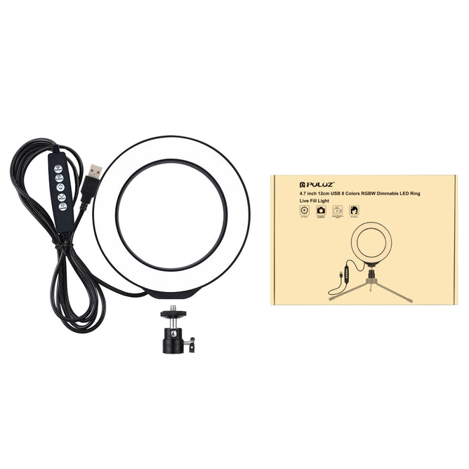 PULUZ PU431B 4.7 inch 12cm USB 10 Modes 8 Colors RGBW Dimmable LED Ring Vlogging Photography Video Lights with Cold Shoe Tripod Ball Head