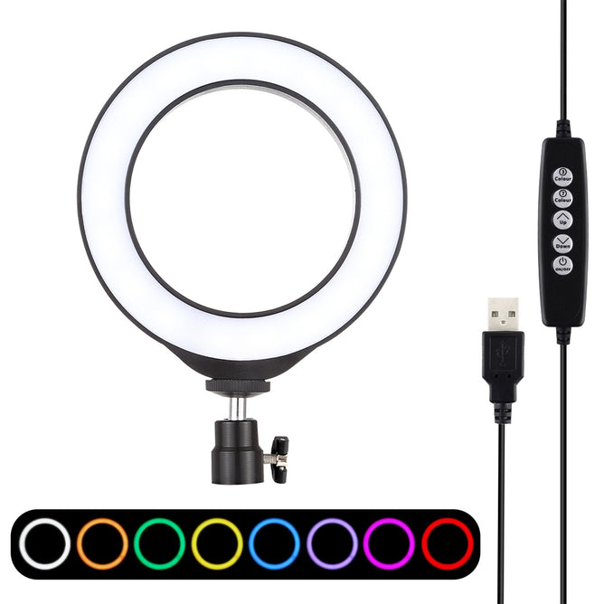 PULUZ PU432B 6.2 inch 16cm USB 10 Modes 8 Colors RGBW Dimmable LED Ring Vlogging Photography Video Lights with Cold Shoe Tripod Ball Head