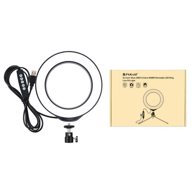 PULUZ PU432B 6.2 inch 16cm USB 10 Modes 8 Colors RGBW Dimmable LED Ring Vlogging Photography Video Lights with Cold Shoe Tripod Ball Head