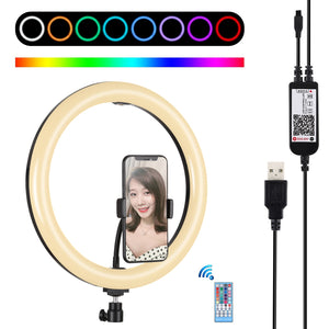 PULUZ PU458B 11.8 inch 30cm RGB Dimmable LED Dual Color Temperature LED Curved Diffuse Light Ring Vlogging Selfie Photography Video Lights with Cold Shoe Tripod Ball Head & Phone Clamp & Remote Control