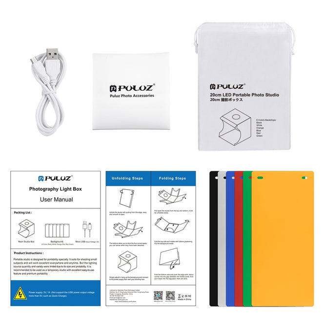 PULUZ PU5021 20cm Folding Portable 550LM 1 LED Light Photo Lighting Studio Shooting Tent Box Kit with 6 Colors Backdrops