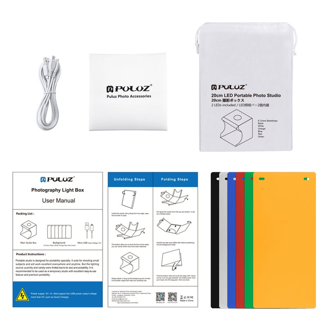 PULUZ PU5022 20cm Include 2 LED Panels Folding Portable 1100LM Light Photo Lighting Studio Shooting Tent Box Kit with 6 Colors Backdrops