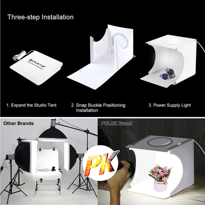 PULUZ PU5023 20cm Ring LED Panel Folding Portable Light Photo Lighting Studio Shooting Tent Box Kit with 6 Colors Backdrops