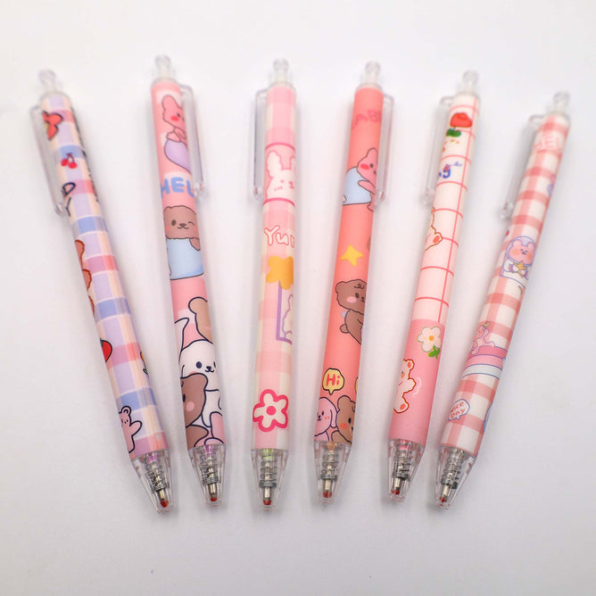 6pcs Set of Press Glue Pen Retractable Gel Random Ink Color Ballpen