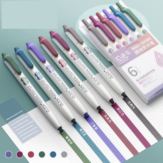 6Pcs Retractable Highlighter Fluorescent Markers for School & Office Supplies