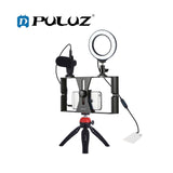 PULUZ PKT3025 4-in-1 Vlogging Broadcast Video Rig + 4.7 inch 12cm Ring LED Selfie Light Kits + Tripod Mount + Cold Shoe Tripod Head for Cameras
