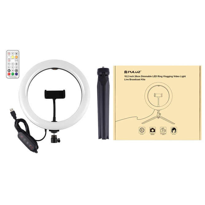 PULUZ PKT3082B 10 inch 26cm Marquee LED RGBWW Light + Desktop Tripod Mount 168 LED Dual-color Temperature Dimmable Ring Vlogging Photography Video Lights with Cold Shoe Tripod Ball Head & Remote Control & Phone Clamp