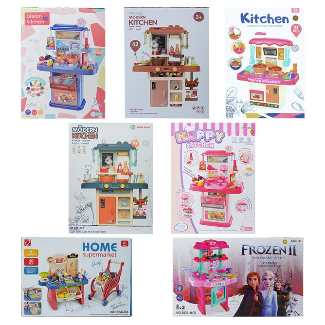 Kitchen Playset and Shopping Cart Pretend Play Kitchen Toys and Accessories Set w/ Sounds and Light