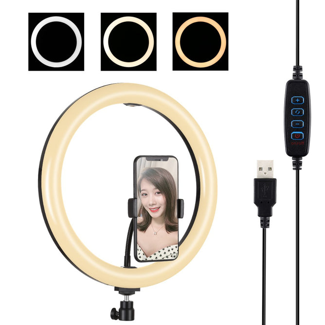 PULUZ PU457B 12 inch 30cm USB 3 Modes Dimmable Dual Color Temperature LED Curved Diffuse Light Ring Vlogging Selfie Photography Video Lights with Phone Clamp
