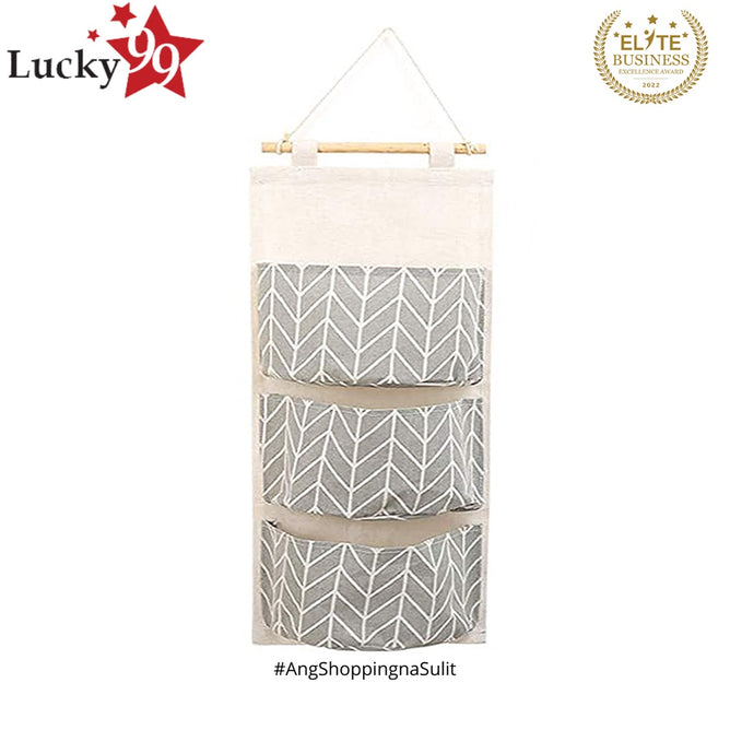 Wall Hanging Storage Bag Organizer with 3 Pocket Premium Linen Fabric Waterproof Door Organizer
