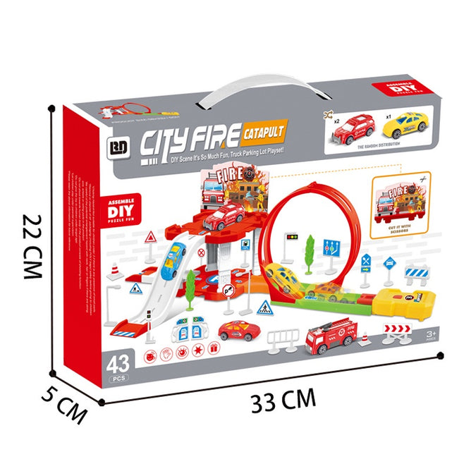 DIY Assemble 43 Pieces City Fire Truck Parking Lot Playset Car Toys for Kids