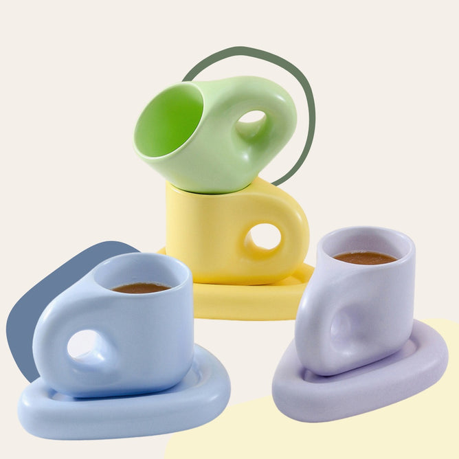 Nordic Aesthetic Ceramic Chubby Chunky Cup and Triangular Saucer Set for Kitchen Utensils