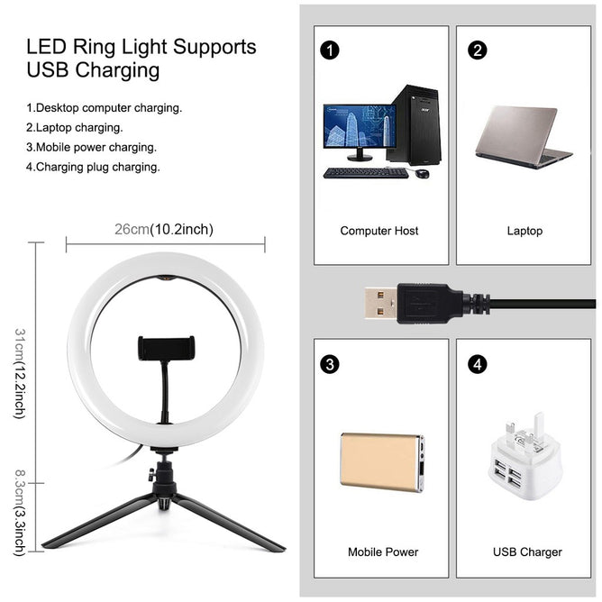 PULUZ PKT3082B 10 inch 26cm Marquee LED RGBWW Light + Desktop Tripod Mount 168 LED Dual-color Temperature Dimmable Ring Vlogging Photography Video Lights with Cold Shoe Tripod Ball Head & Remote Control & Phone Clamp
