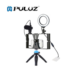 PULUZ PKT3025 4-in-1 Vlogging Broadcast Video Rig + 4.7 inch 12cm Ring LED Selfie Light Kits + Tripod Mount + Cold Shoe Tripod Head for Cameras