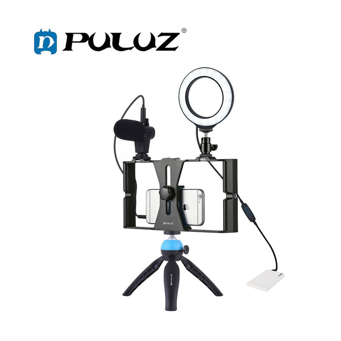 PULUZ PKT3025 4-in-1 Vlogging Broadcast Video Rig + 4.7 inch 12cm Ring LED Selfie Light Kits + Tripod Mount + Cold Shoe Tripod Head for Cameras