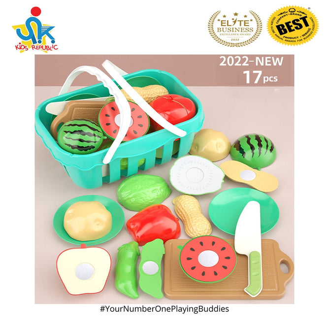 Pretend Play 17Pcs Cutting Vegetable Food Kitchen Toys with Basket for Children