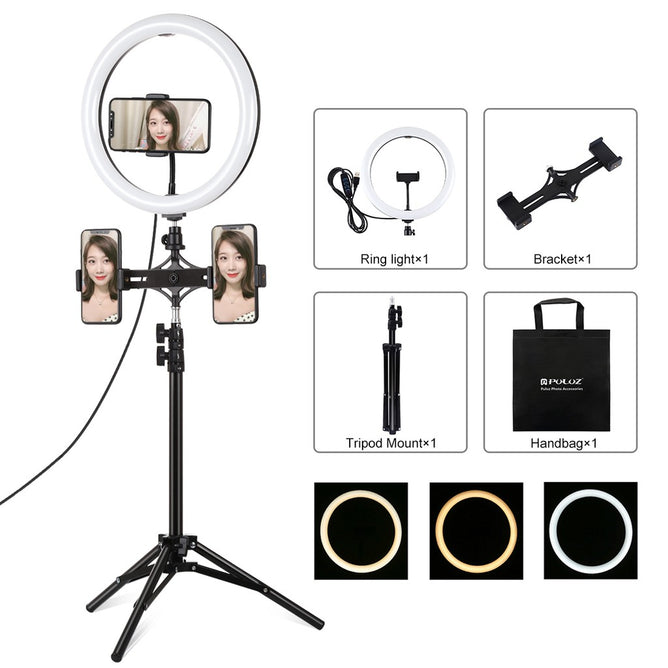 PULUZ PKT3064B 12 inch 30cm Light + 1.1m Tripod Mount + Dual Phone Brackets Curved Surface USB 3 Modes Dimmable Dual Color Temperature LED Ring Vlogging Video Light Live Broadcast Kits with Phone Clamp