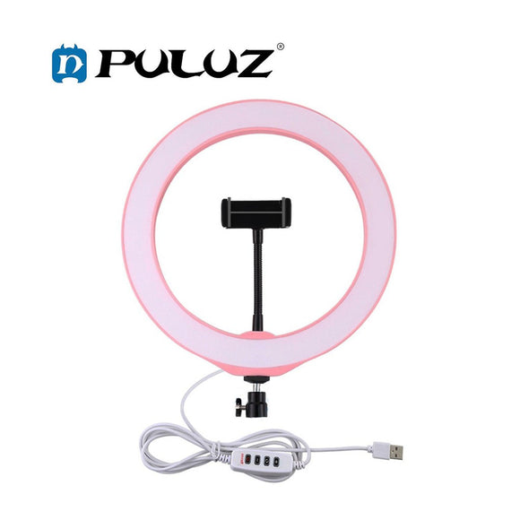 PULUZ PU397 10-inch 26cm USB 3 Modes Dimmable LED Ring Vlogging Selfie Photography Video Lights with Cold Shoe Tripod Ball Head & Phone Clamp