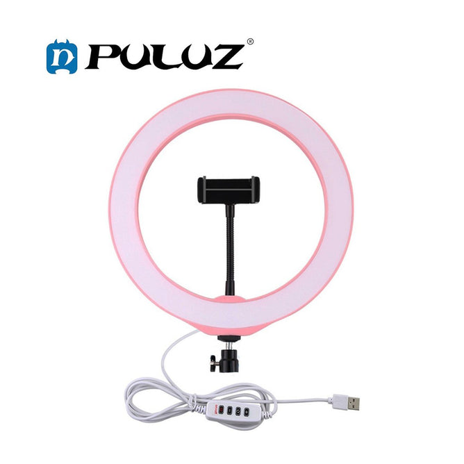 PULUZ PU397 10-inch 26cm USB 3 Modes Dimmable LED Ring Vlogging Selfie Photography Video Lights with Cold Shoe Tripod Ball Head &amp; Phone Clamp