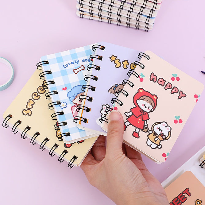 A7 4 Pieces Pocket Notebook Cute Cartoon Character Spiral Diary Notebook for Home & School Supply