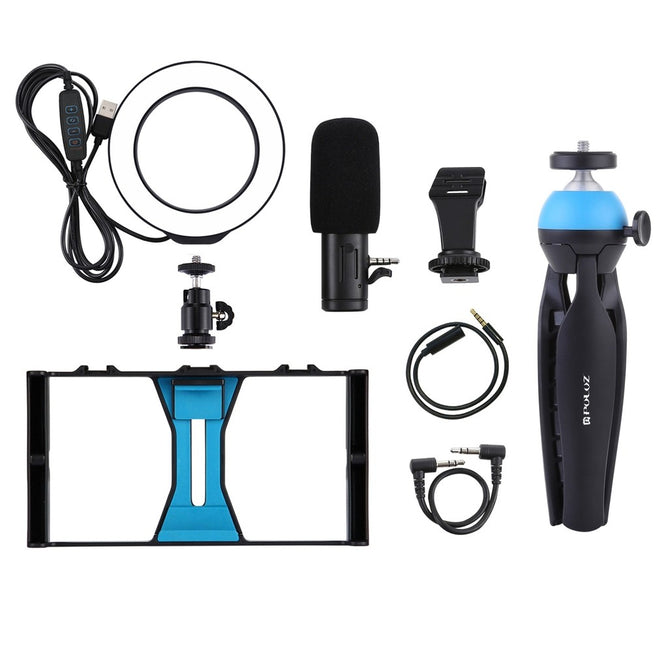 PULUZ PKT3025 4-in-1 Vlogging Broadcast Video Rig + 4.7 inch 12cm Ring LED Selfie Light Kits + Tripod Mount + Cold Shoe Tripod Head for Cameras