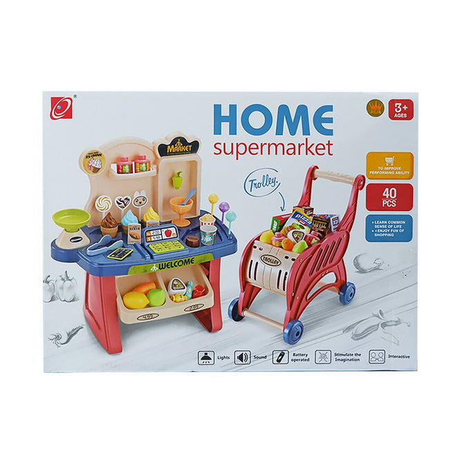Kitchen Playset and Shopping Cart Pretend Play Kitchen Toys and Accessories Set w/ Sounds and Light