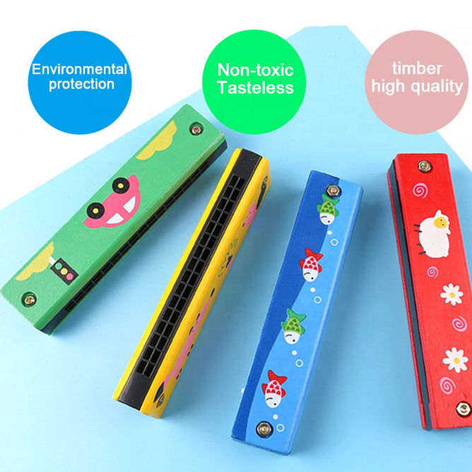 Wooden Harmonica 16 Holes Double-Row Blow Woodwind Mouth Toys for Children Musical Instruments