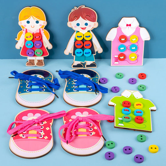 Early Learning Wooden Children Wear Shoelaces Kindergarten Baby Hands-on Threading Board toys best gift