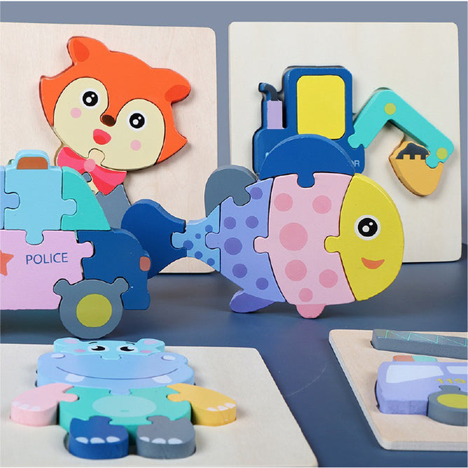 3D Wooden Puzzle Children's Educational Toys Non-toxic Relieve Stress Cartoons Animal Jigsaw Puzzles for Kids