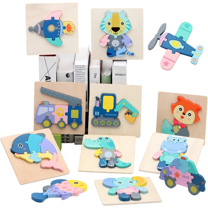 3D Wooden Puzzle Children's Educational Toys Non-toxic Relieve Stress Cartoons Animal Jigsaw Puzzles for Kids