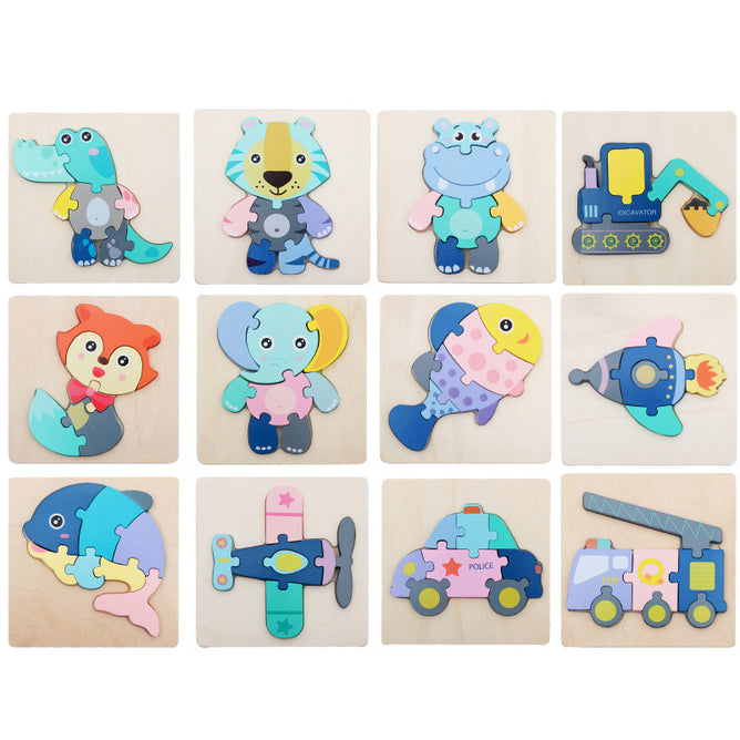 3D Wooden Puzzle Children's Educational Toys Non-toxic Relieve Stress Cartoons Animal Jigsaw Puzzles for Kids